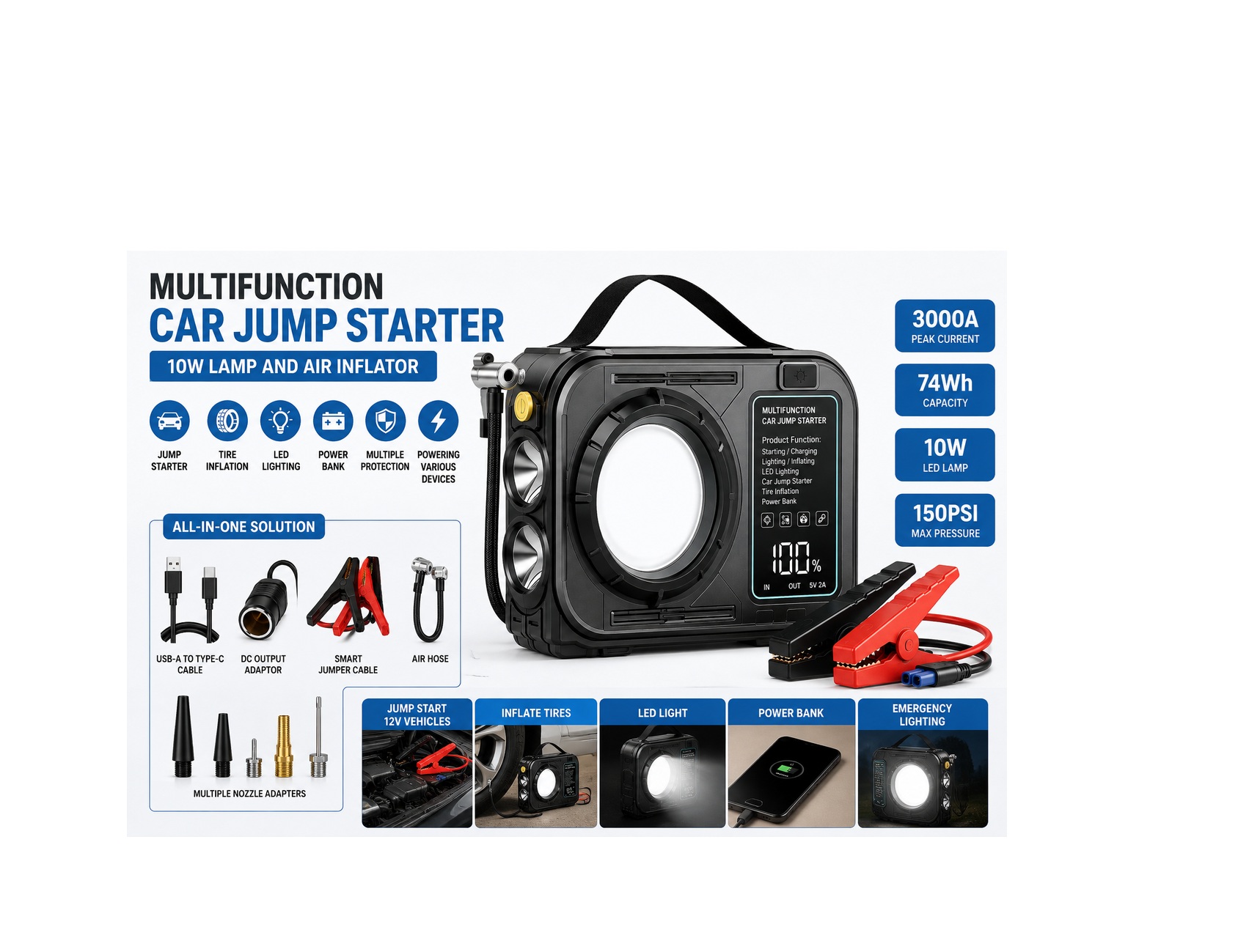 3000A Car Jump Starter with Air Compressor, 10W LED Light & Power Bank - Image 2